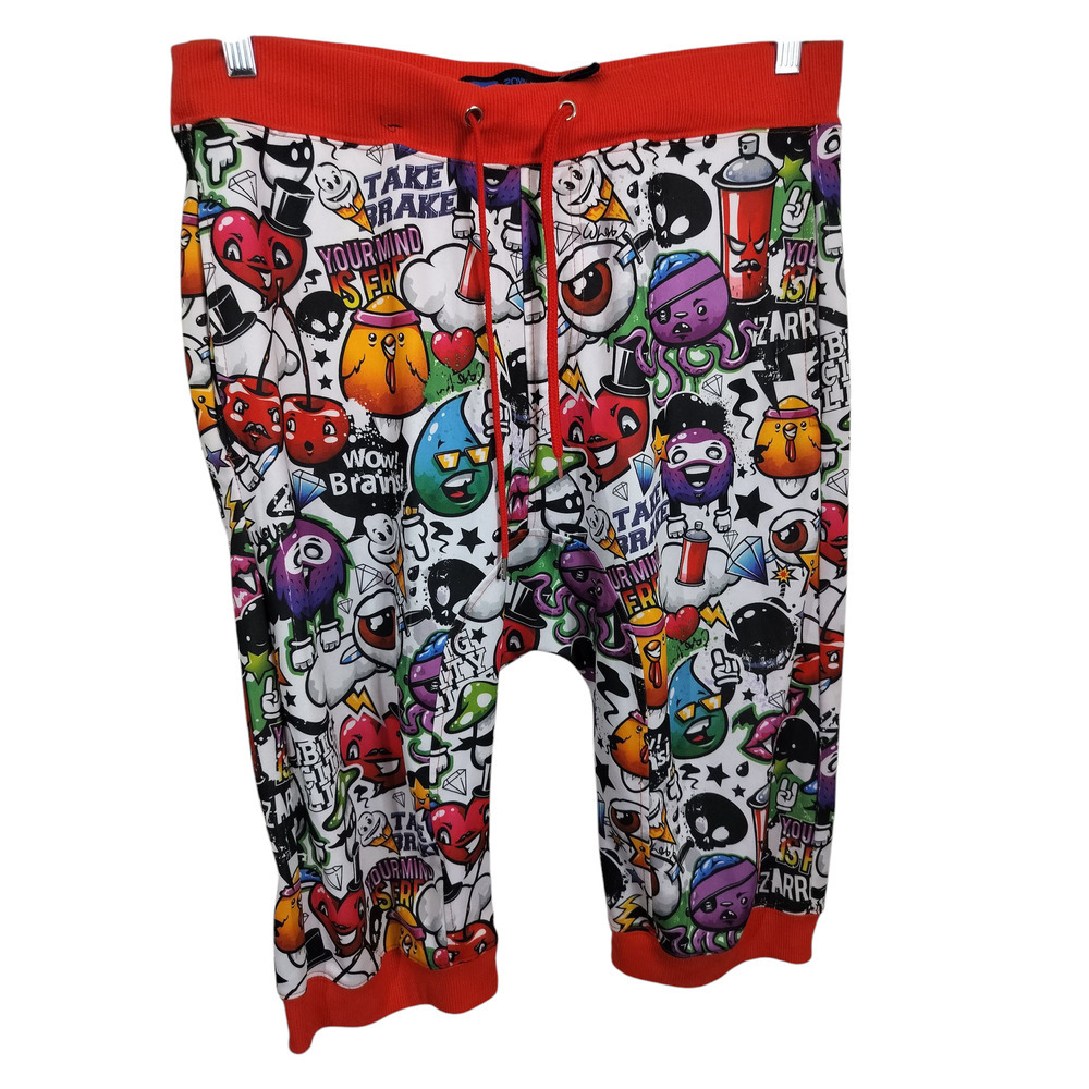 M581) Royal Blue Men's Multicolor Anime Graffiti Jogging Shorts Large